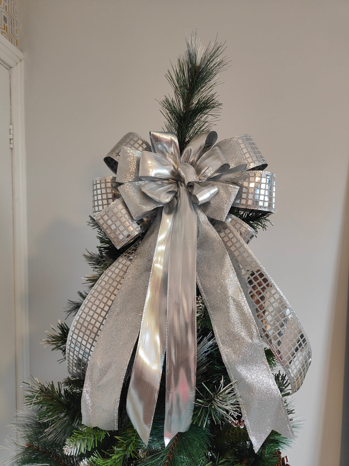 Silver Sparkle Mirror Ball Christmas Tree Topper Bow 14 inch