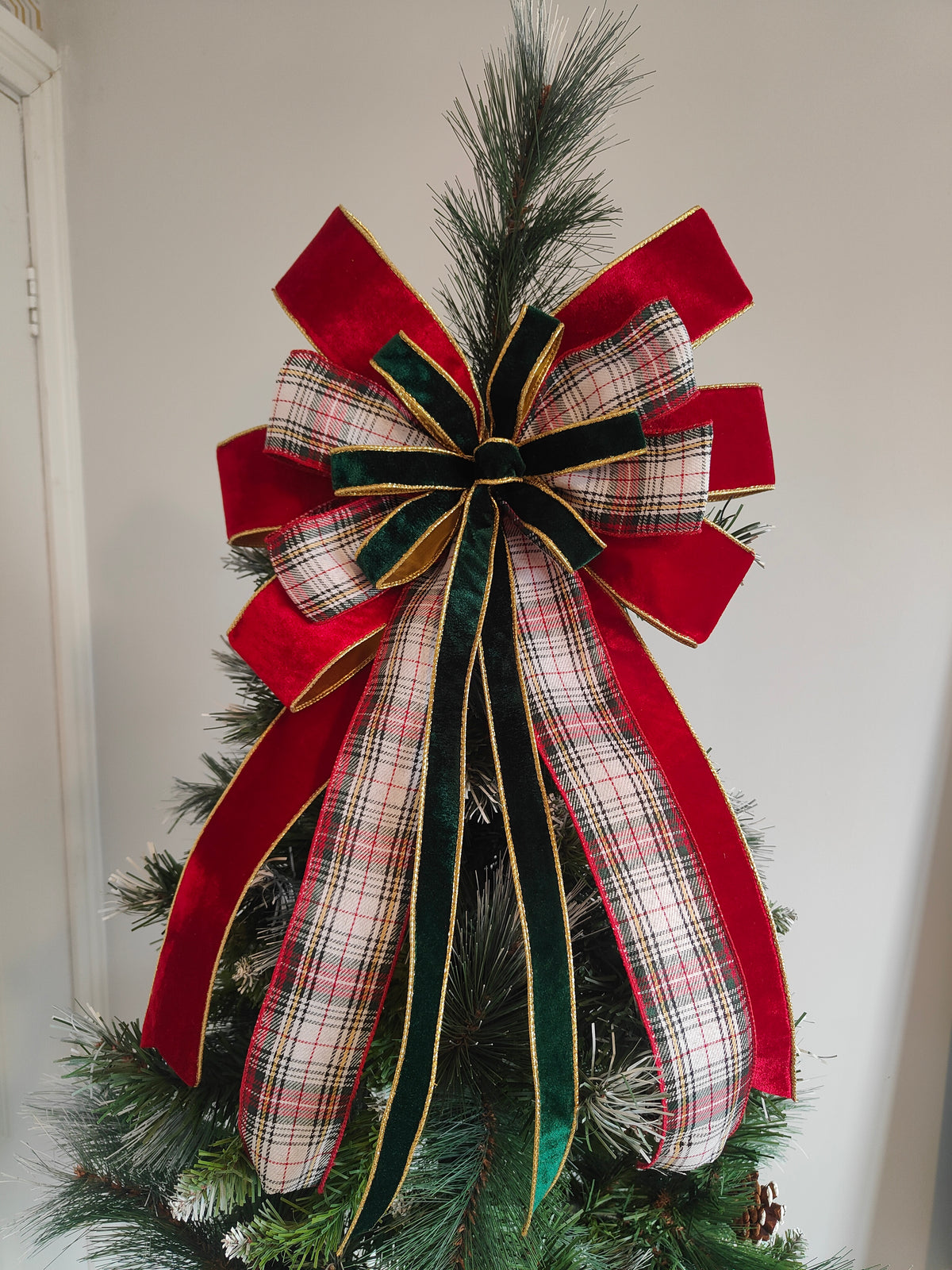 Red White Green Tartan Velvet Christmas Tree Topper Bow 14 inch