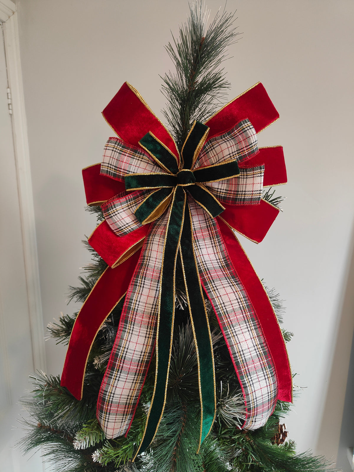 Red White Green Tartan Velvet Christmas Tree Topper Bow 14 inch