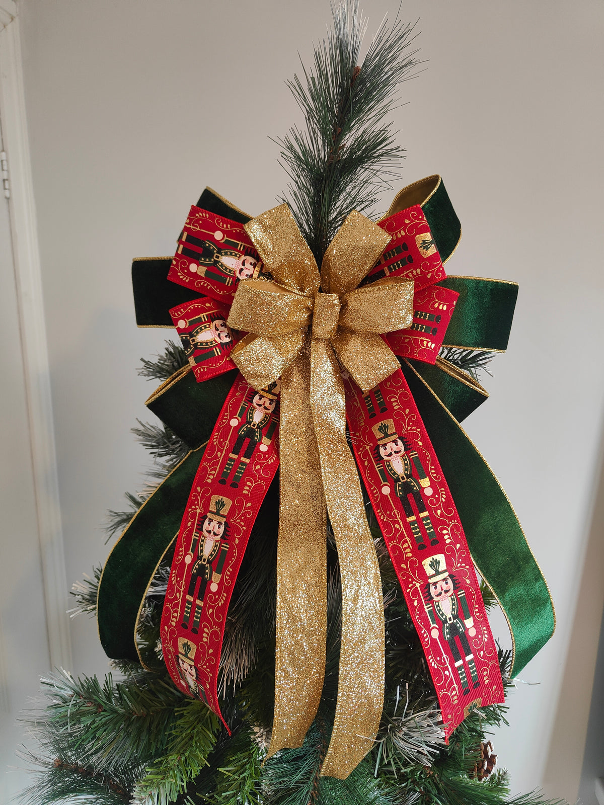 Red, Green & Gold Nutcracker Christmas Tree Topper Bow