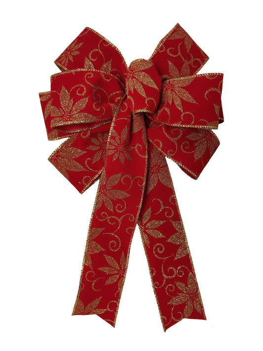 Red Gold Velvet Poinsettia Bow Christmas 10 inch