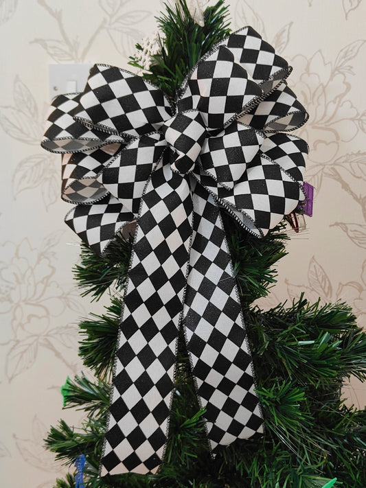 Black White Harlequin Glitter Christmas Bow 12 inch