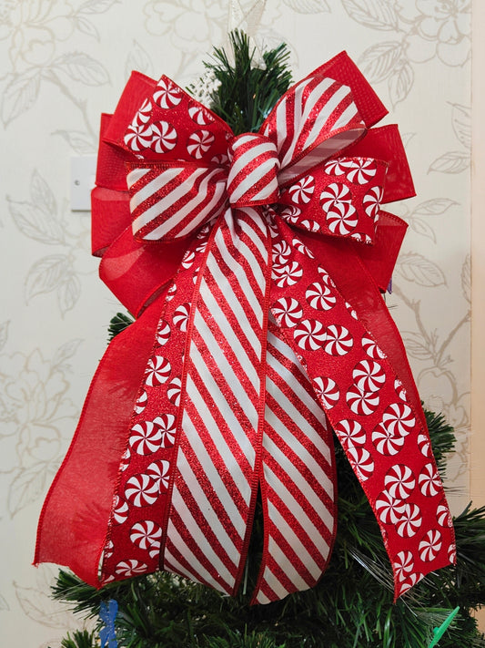 Red White Glitter Candy Cane Peppermint Bow Christmas Topper 12 inch