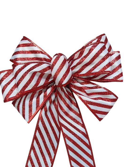 Red White Glitter Candy Cane Stripe Bow 10 inch