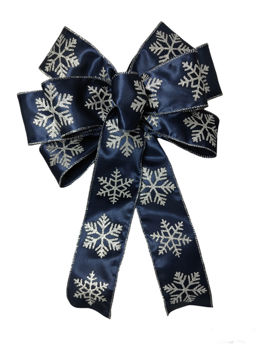 Navy Blue Silver Snowflake Christmas Bow 10 inch