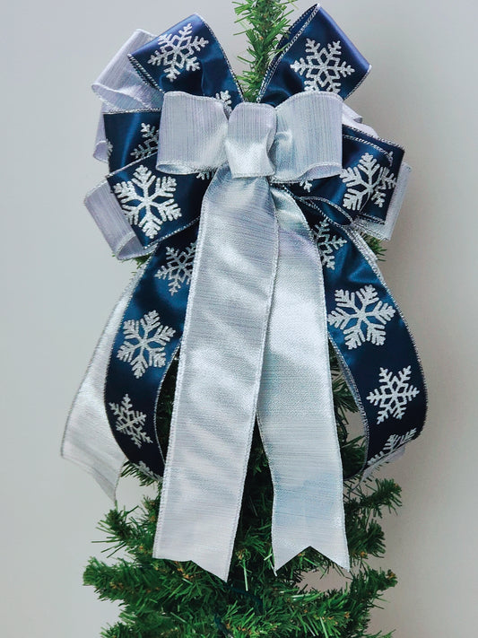 Navy Blue Silver Christmas Tree Topper Bow 12 inch