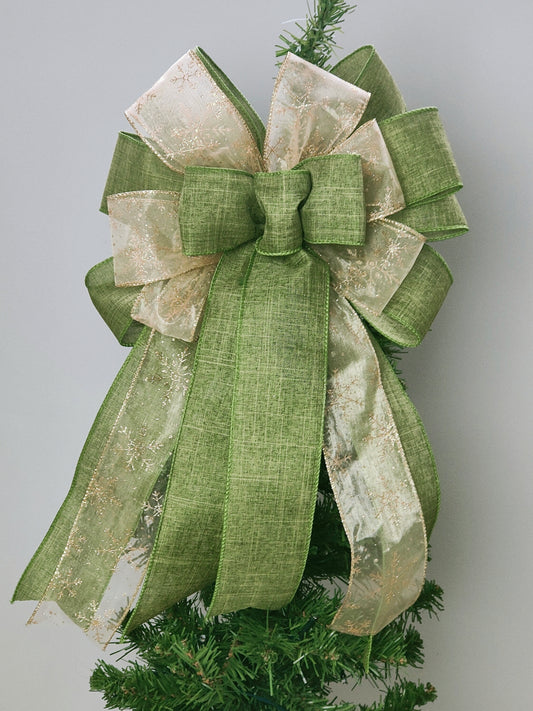 Sage Green Gold Snowflake Christmas Topper Bow 12 inch