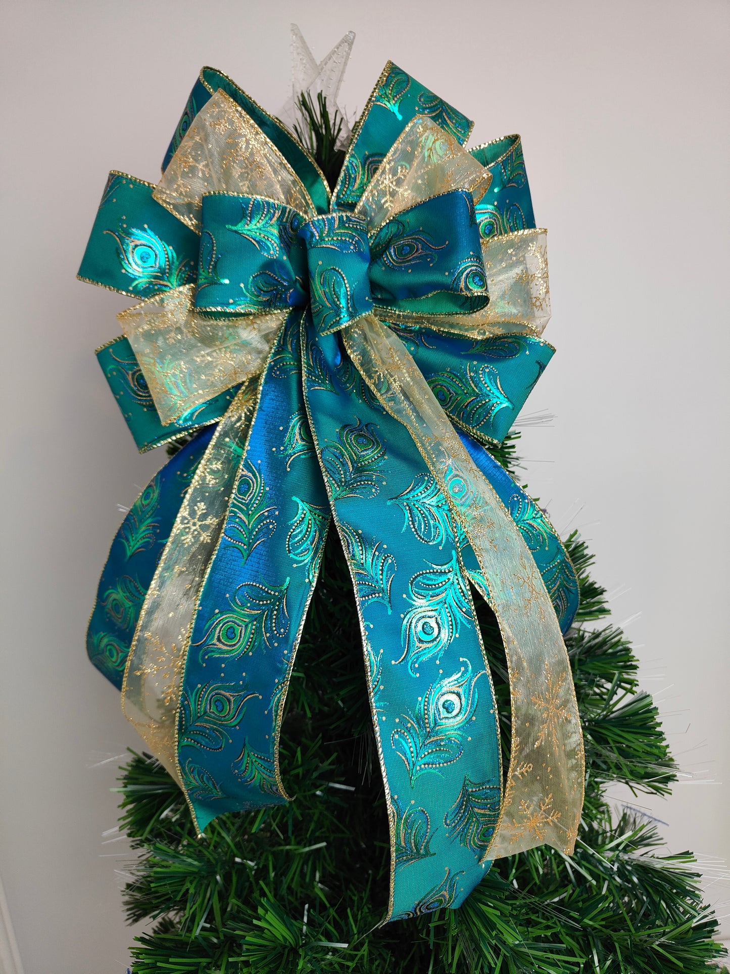 Peacock Gold Snowflake Glitter Christmas Topper Bow 12 inch