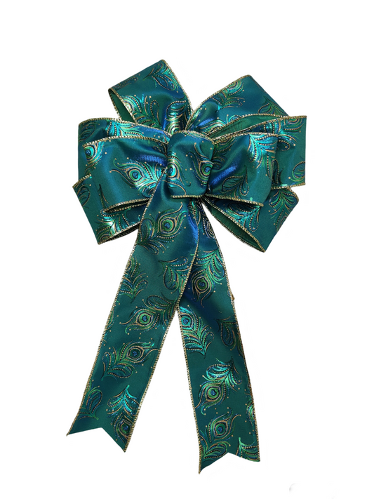 Peacock and Gold Snowflake Christmas Tree Bow 10 inch