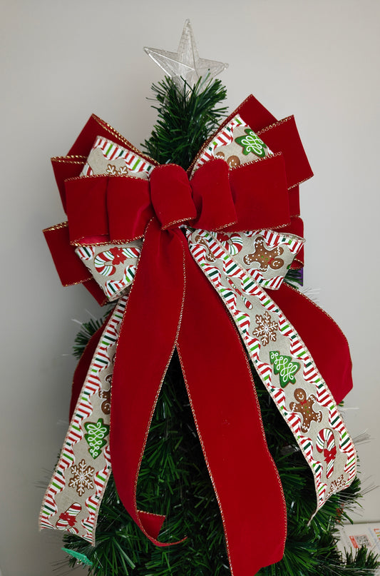 Velvet Red Christmas Gingerbread Man Tree Topper Bow 12 inch