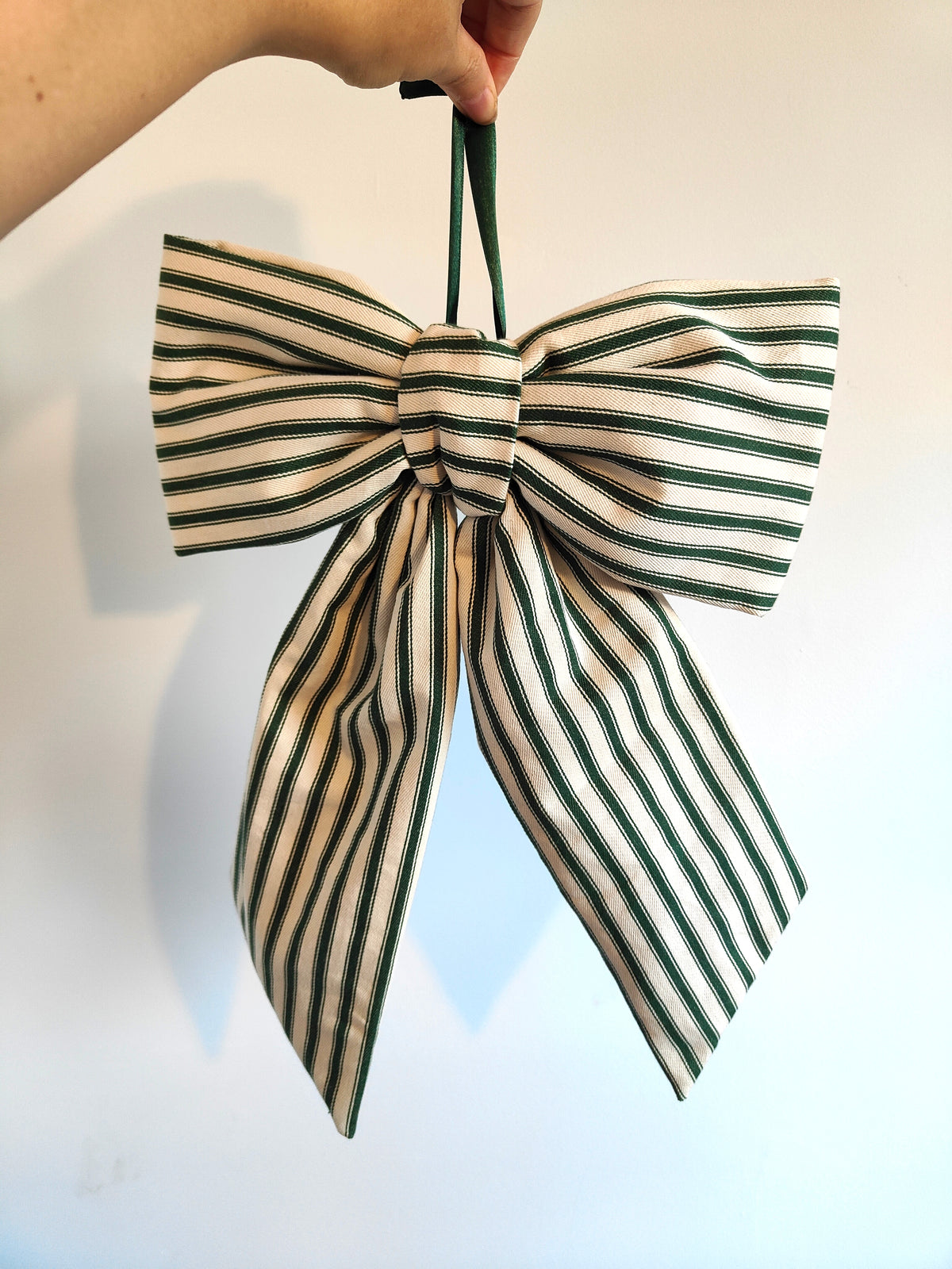Green & Cream Ticking Stripe Christmas Bow  Large Hanging Bow
