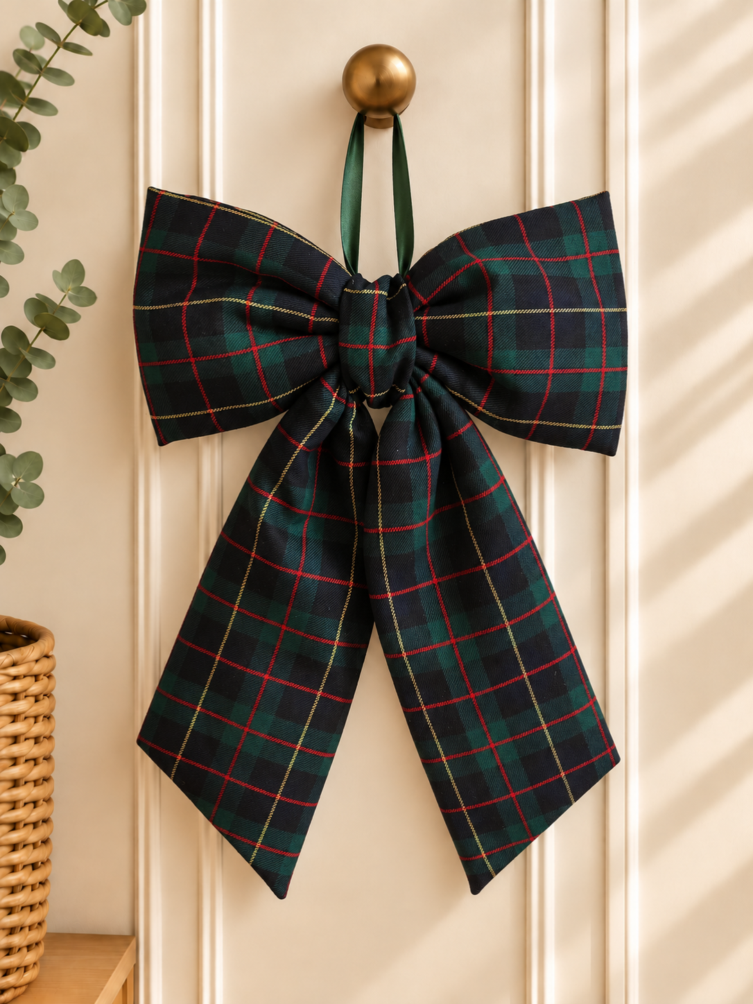 Navy Blue Green Red Tartan Hanging Bow – Christmas Tree Topper