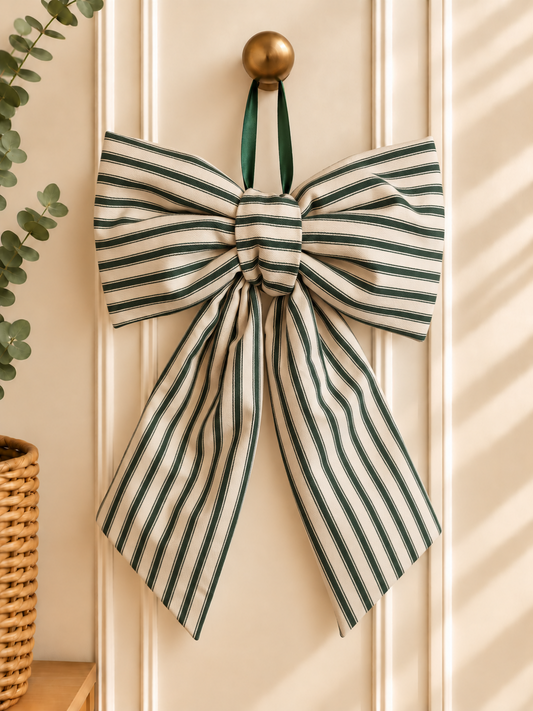 Green & Cream Ticking Stripe Christmas Bow  Large Hanging Bow