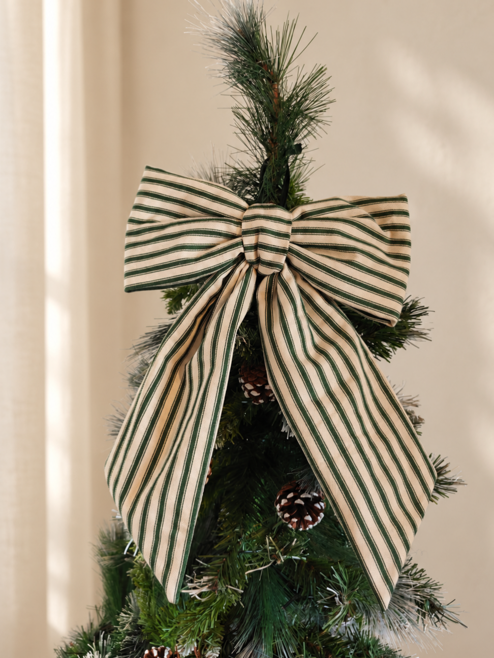 Green & Cream Ticking Stripe Christmas Bow  Large Hanging Bow