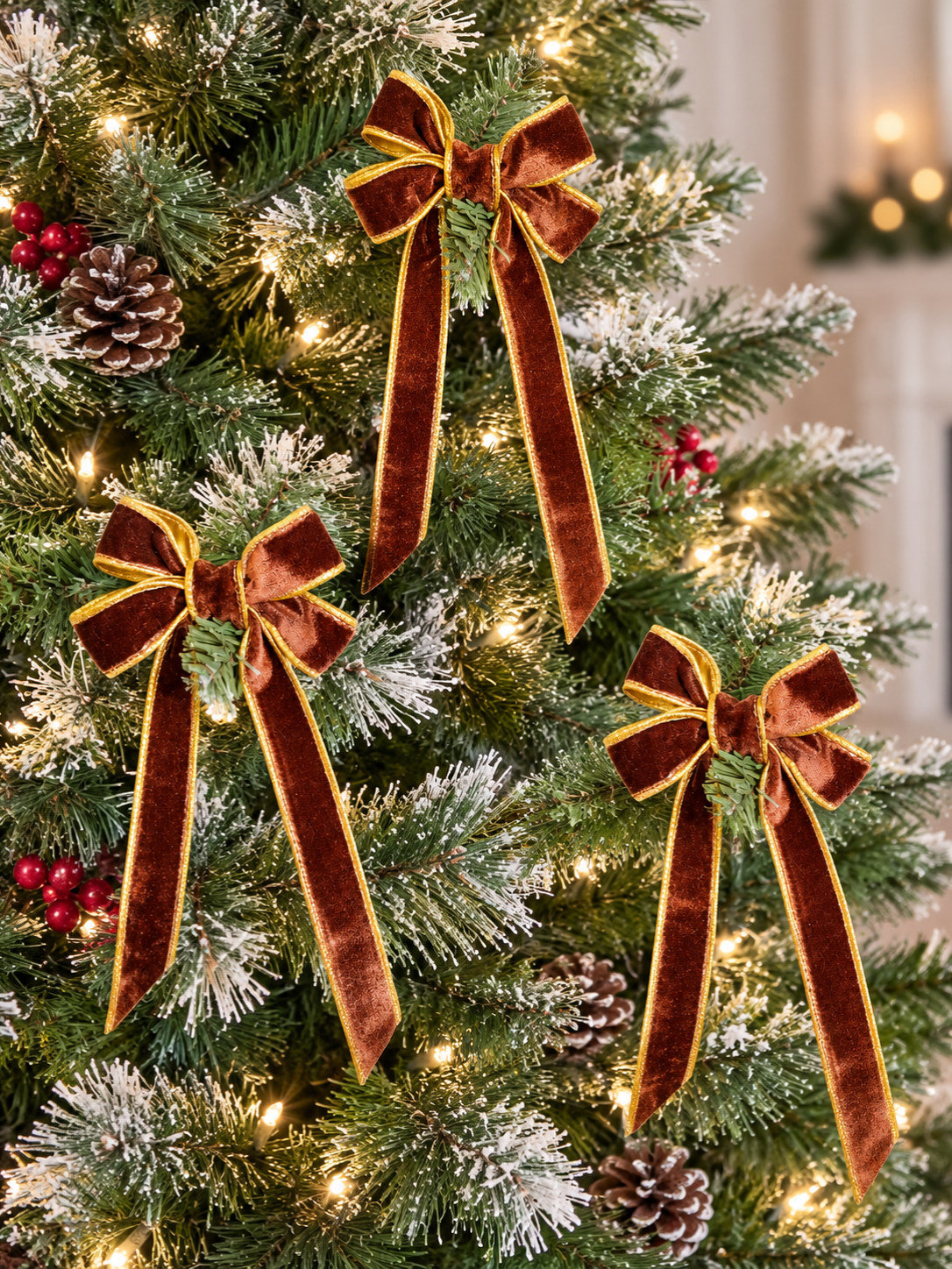Brown Velvet Christmas Tree Bow with Gold Trim – 4 Inch