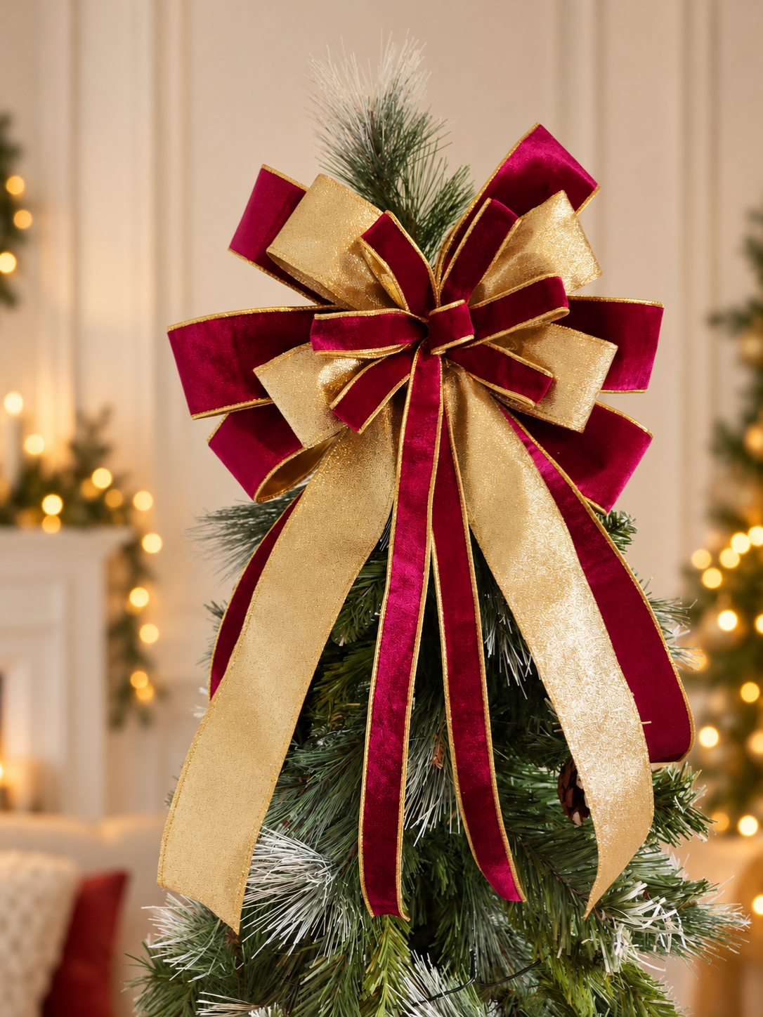 Burgundy & Gold Velvet Christmas Tree Topper Bow
