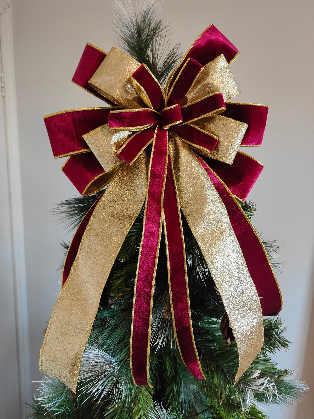 Burgundy & Gold Velvet Christmas Tree Topper Bow