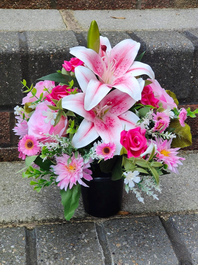 Pink Lilly Artificial Flower Memorial Grave Pot