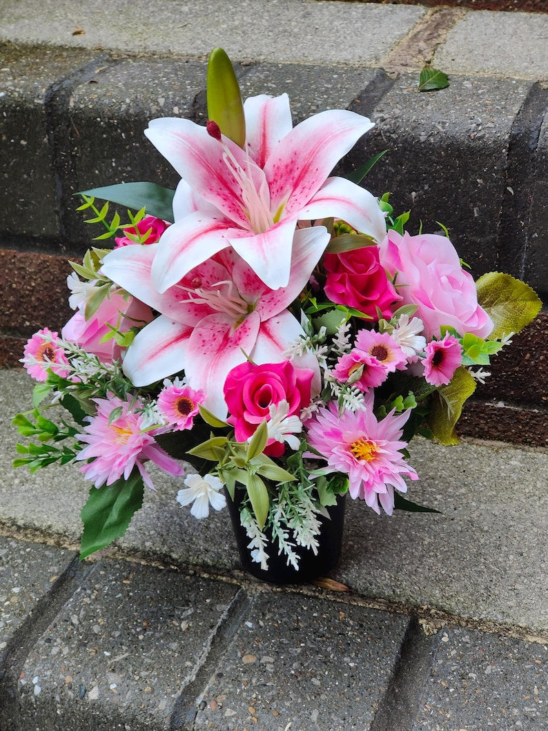 Pink Lilly Artificial Flower Memorial Grave Pot