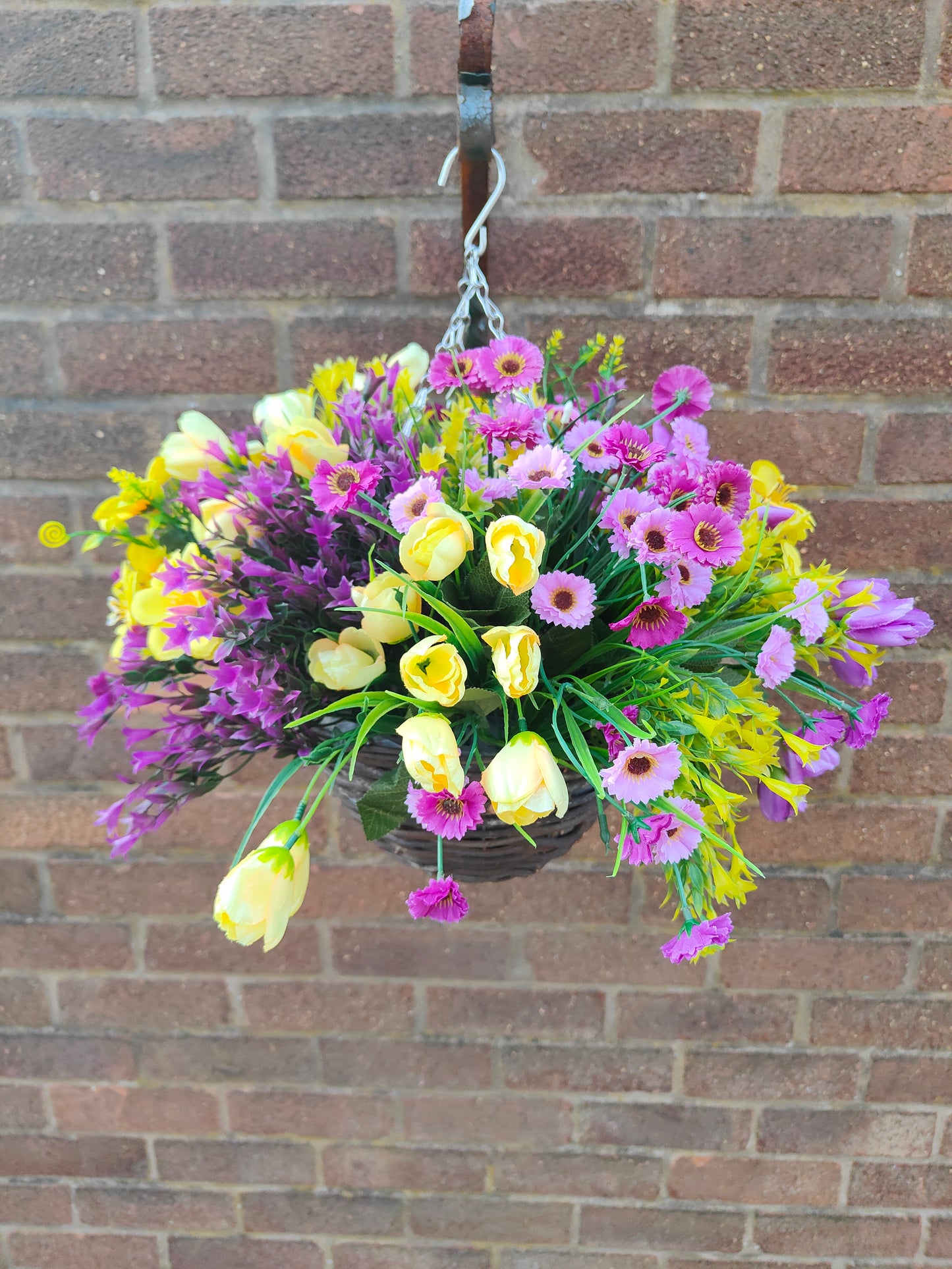 Purple yellow artificial flower hanging basket 10 inch