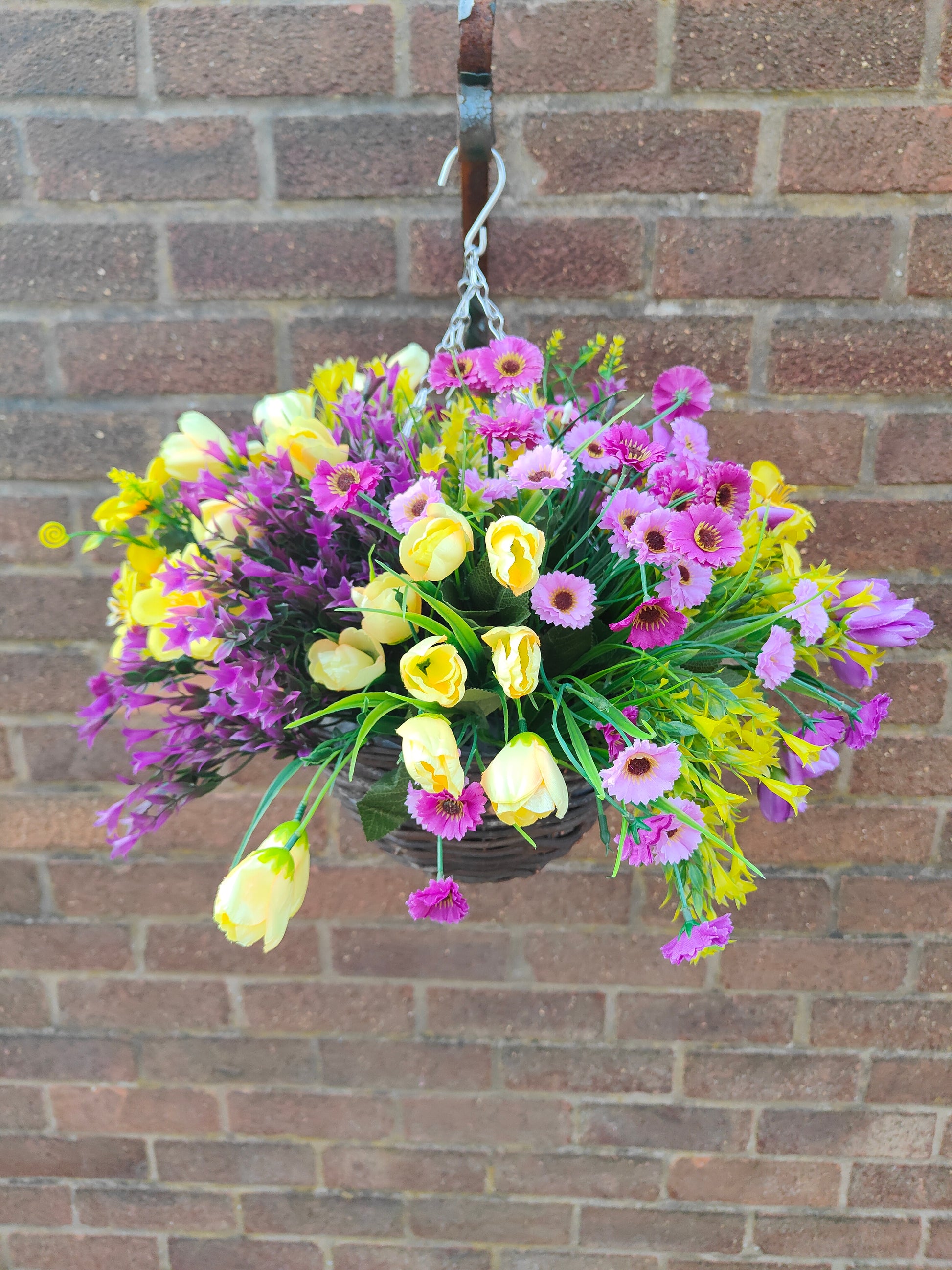 Purple yellow artificial flower hanging basket 10 inch