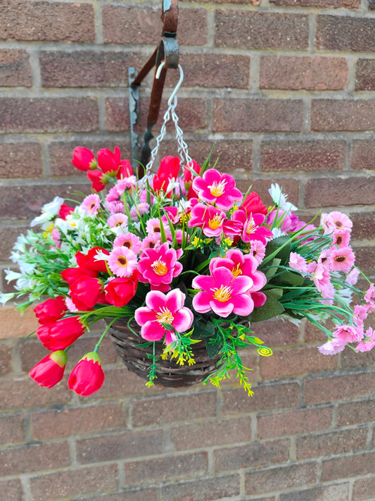 Red pink white artificial flower hanging basket 10 inch pub outdoor 