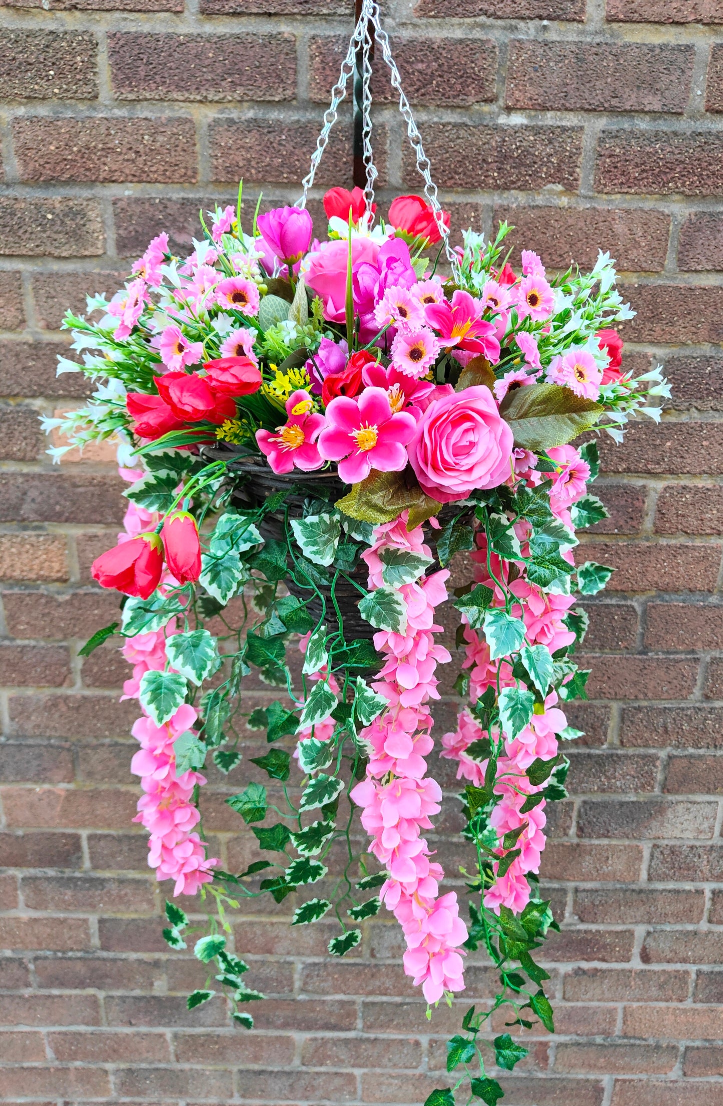 Deluxe pink red white artificial flower hanging basket cone 12 inch