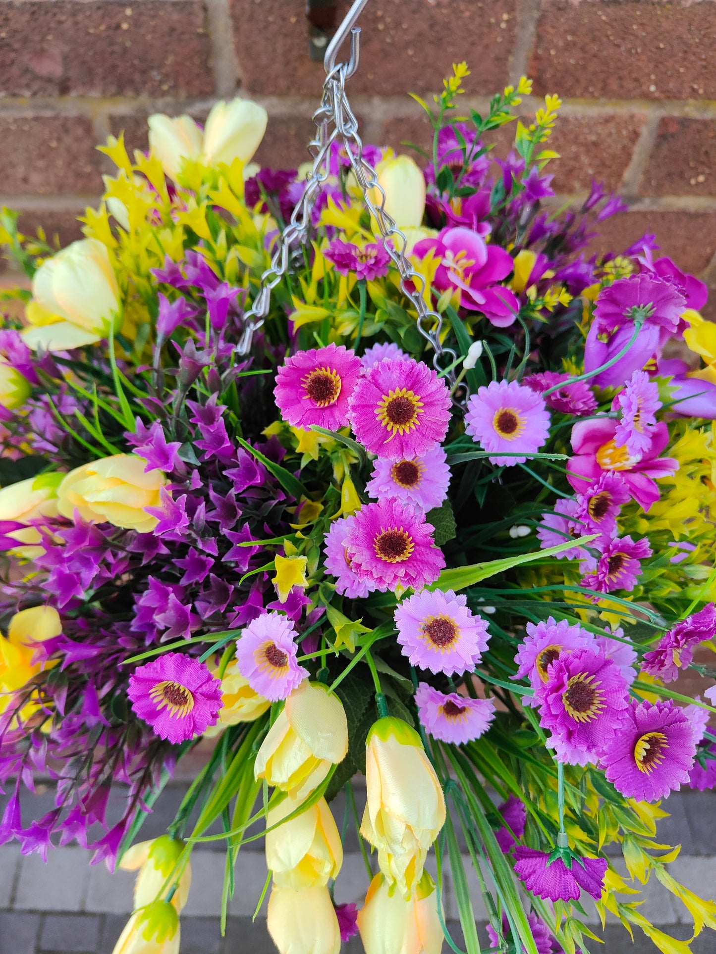 Yellow purple artificial flower hanging basket 