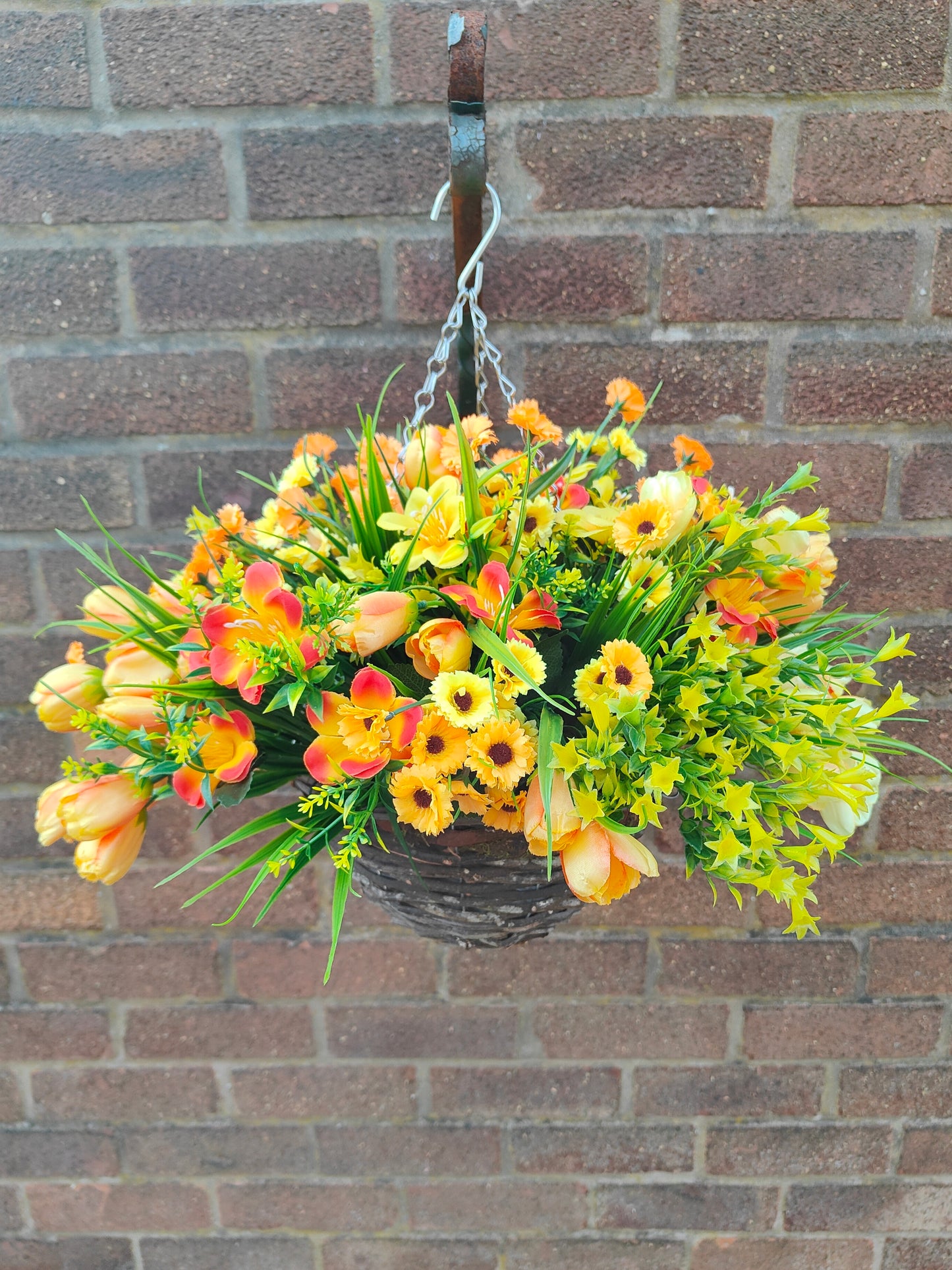 Orange yellow artificial flower hanging basket 