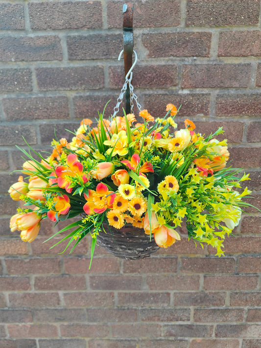 Orange yellow artificial flower hanging basket 