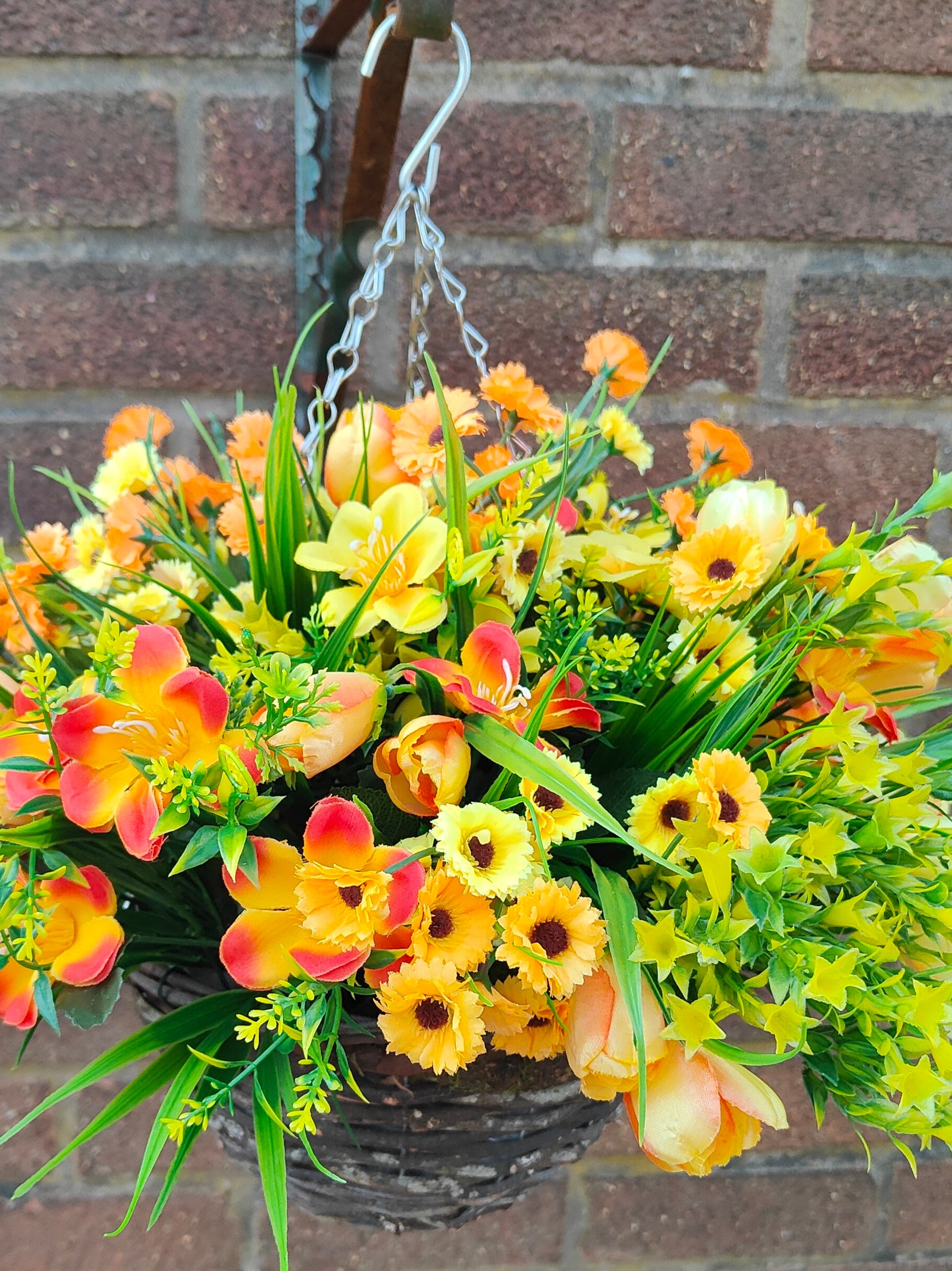 Yellow orange artificial flower hanging basket 10 inch
